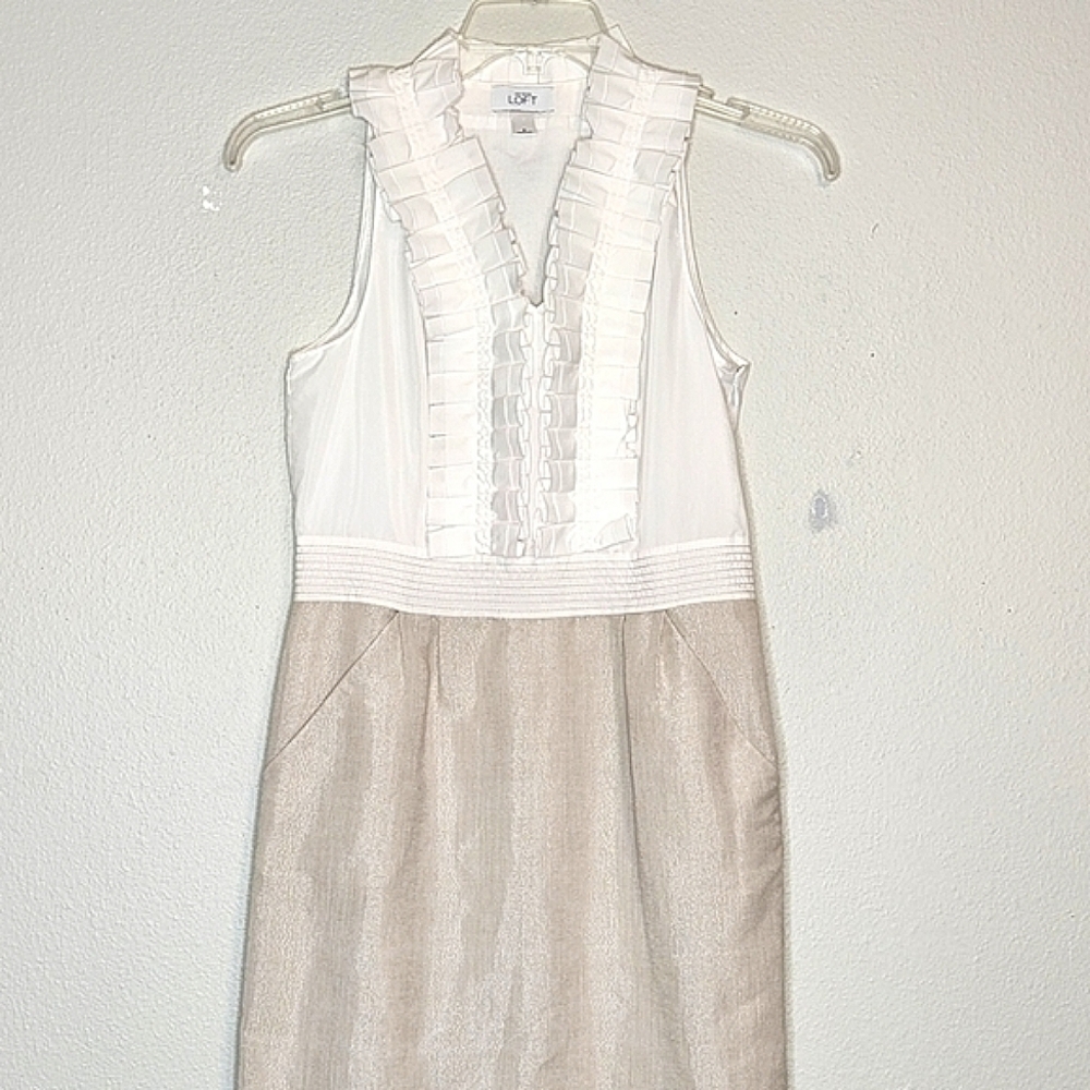 🌺 Loft Dress Linen Blend Top Ruffle Split Neck Side Zip Up Size 6